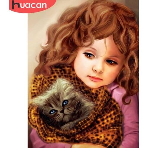 HUACAN 5D Diy Diamond Painting Portrait Girl Kits Diamond Embroidery Cat Mosaic Wall Decoration Handmade Gift