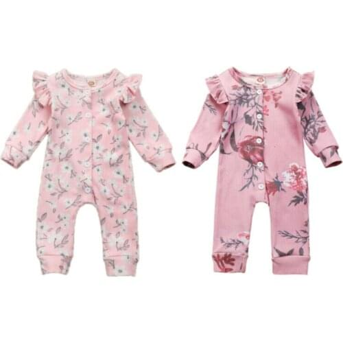 Newborn Baby Girl Floral Romper Clothes Striped Print Long Sleeve Single Breasted Romper Jumpsuit Outfits Cotton