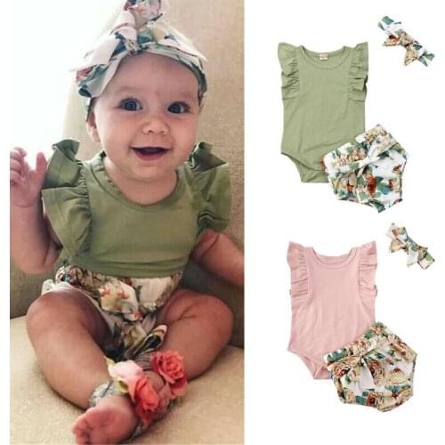 Infant Kid Baby Girl Clothes Sleeveless Romper Flower Ruffle Sleeve Shorts 3Pcs Outfit Set Floral Shorts+Headband Outfit 0-24M