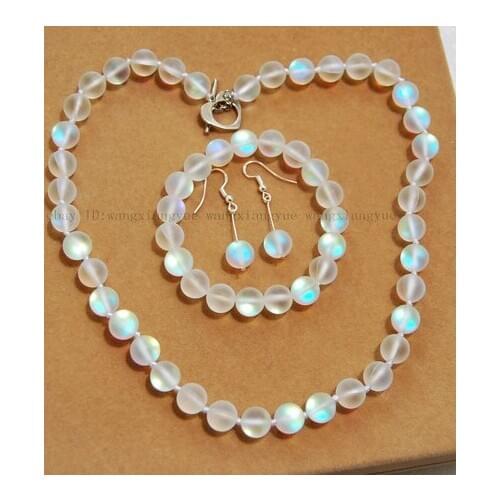 10mm White Gleamy Rainbow Moonstone Round Beads Necklace +Bracelet +Earrings Set