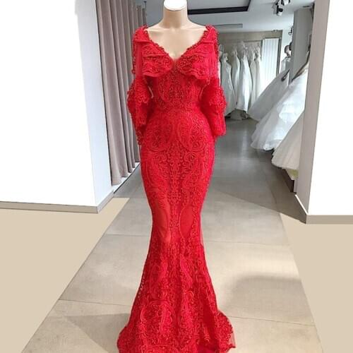 Red Muslim Evening Dresses Mermaid V-neck Long Sleeves Lace Beaded Dubai Saudi Arabia Long Prom Dress Gown Robe De Soiree