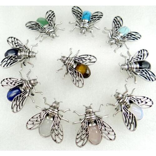 Natural stone Pendant mix tiger eye lapis lazuli Quartz crystal animal bee Archaize silver brooch Pendant Jewelry making 10pcs