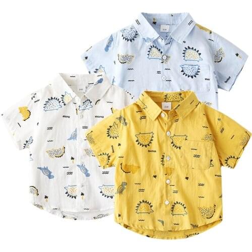 Summer Cartoon Dinosaur Boys Shirts 3 Colors Cotton Quality Cute Tops Kids Clothes Turn Down Collar
