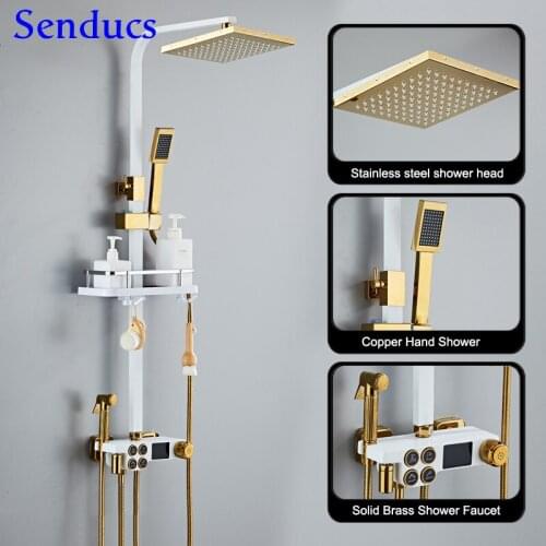 Digital Shower Set Senducs Press Handle Bathroom Shower System 8 Inch Rainfall Shower Head White Gold Digital Bath Shower Set