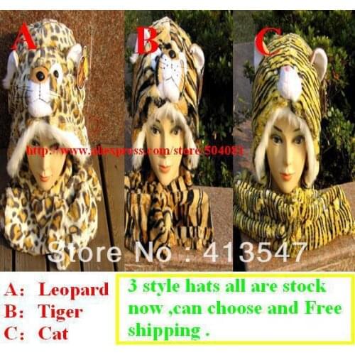 2017 Fashion Lovely New Plush Animal HatsTiger leopard Cartoon Soft Warm Hats Long Scarf/Gloves Winter Caps Free Shipping