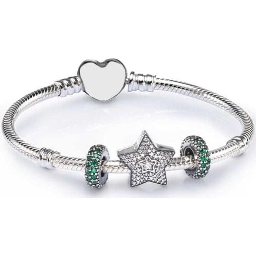 NEW 100% 925 Sterling Silver SALE - PAVE WISHING STAR CHARM BRACELET SET fit DIY Original charm Bracelet jewelry A Set