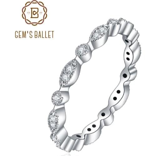 GEMS BALLET 925 Sterling Silver Moissanite Wedding Band Ring Round Moissanite Antique Milgrain Style Eternity Rings For Women