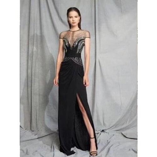 Autumn Women Black Dress Short sleeve Beading Open fork Sexy Club Celebrity Runway Party Bodycon Floor-Length Celebrity Dresses