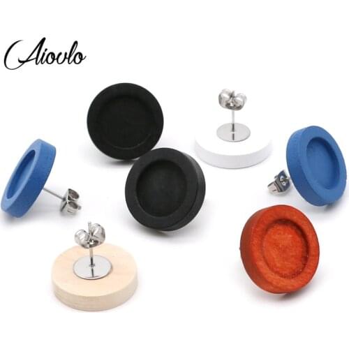 Aiovlo 20pcs/lot 12mm Wood Cabochon Stud Earring Base Settings Diy Blank Stainless Steel Post Earrings Findings jewelry making