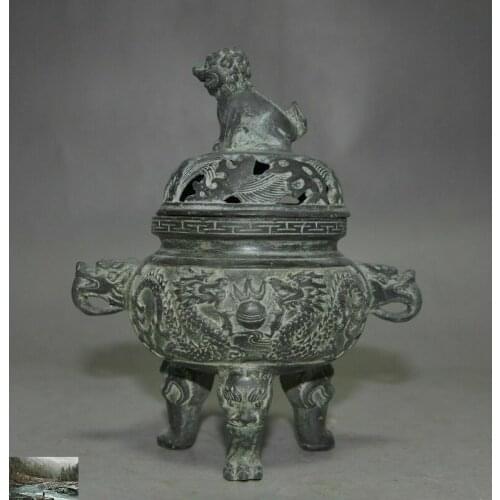 Marked old Chinese bronze Dragon foo dog lion beast statue Incense Burner censer