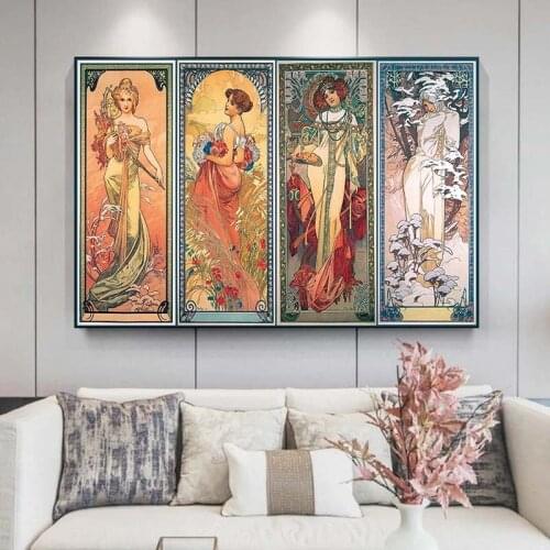 Alphonse Mucha Times of Day Vintage Posters and Prints Art Nouveau Woman Canvas Paintings Wall Art Pictures Home Decor Cuadros