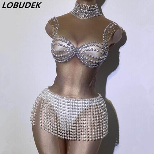 Sexy Stage Wear Shiny Rhinestones Pearls Tassels Bodysuit Sleeveless Nude Elastic Fringe Leotard Dance Costume Performance Wear