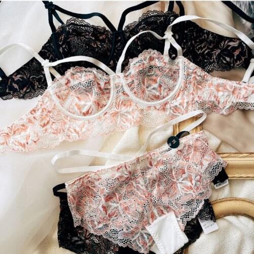 Deep V Sexy Underwear Ultrathin Bra Set Plus Size Brassiere Blue Women Lingerie Suits Lace Embroidery Transparent Bra Panties