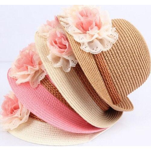 Cute Child Girls Straw Hats Sun Hats For Kids Large Brim Beach Casual Lace Floral Flat Top Fe Hats Baby Photography Props