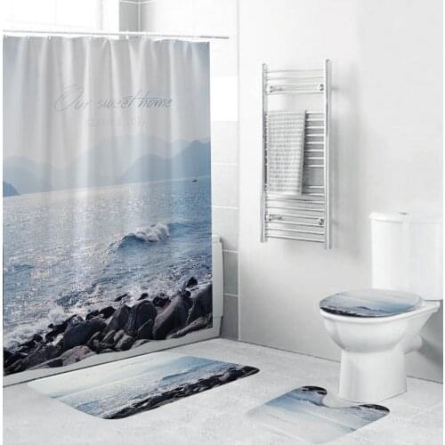 Coastal Reef Beach Scenery Fabric Shower Curtain Sunny Ocean Bathroom Curtains Set Non-Slip Rugs Toilet Lid Cover Mat Carpet