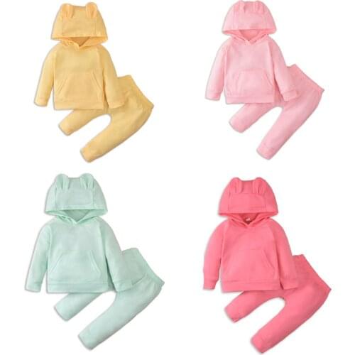 Baby Unisex Top, Trousers Suit, Hooded V-neck Long Sleeve Cartoon Ear Hat Kangaroo Pocket Loose Pants 1-4 Years