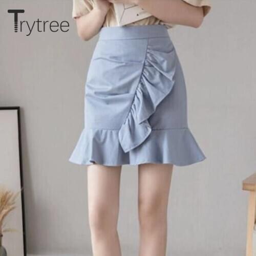 Trytree 2021 Summer Casual Woman Shorts Skirt High Waist Zipper Ruffled Hem Solid 4 Colours Sweet Mini Bud Shorts Skirt Women