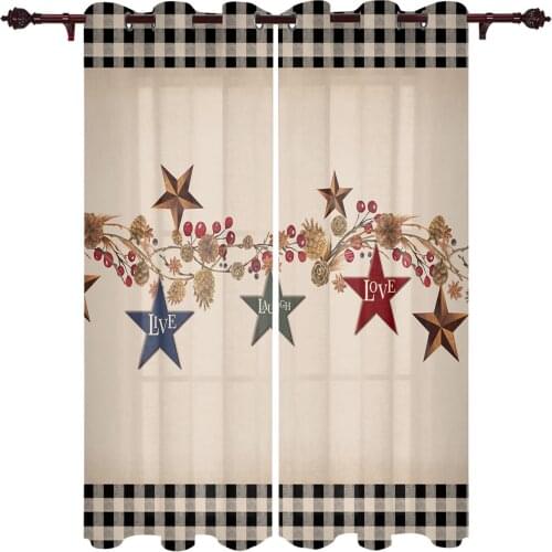Vintage Black Plaid Country Star Berry Window Curtains for Living Room Kitchen Curtain with Valance Kids Room Home Decor