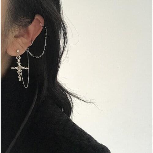 Ins 1PC Vintage Goth Baroque Rose Cross Pendant Earrings Cool Handsome Integrated Ear Bone Chain Clip For Egirl Women best gift
