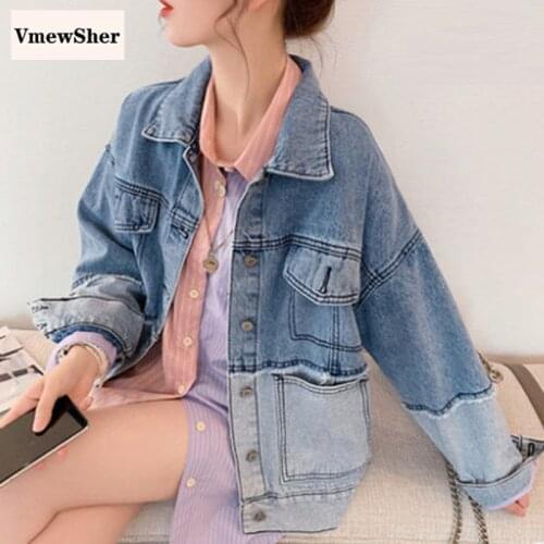 VmewSher New Spring Patchwork Women Denim Jacket 2020 Long Sleeve Loose Outwear Irregular Jean Jackets Coats Streetwear Oversize