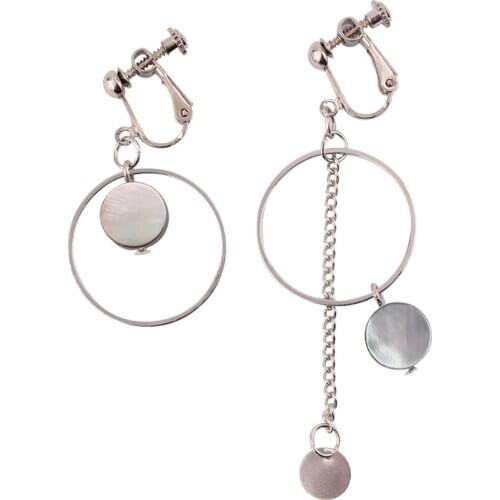 GRACE JUN Handmade Asymmetry Long Tassel Shell Geometric Clip on Earrings for Women No Pierced Earrings Nickle Free Earrings