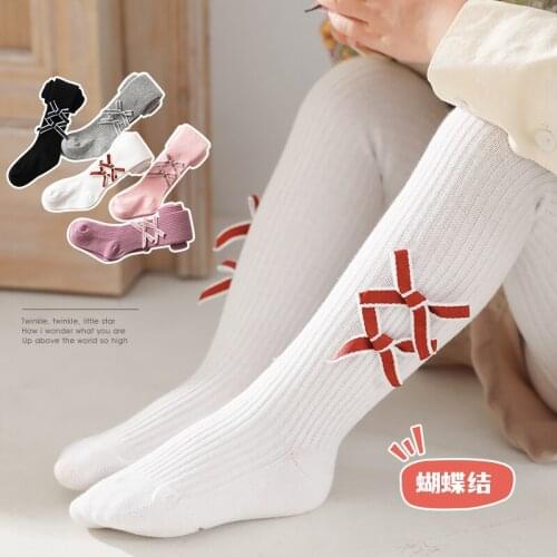Small and medium-sized childrens double bow pantyhose summer pure cotton vertical stripes cute princess baby breathable legging