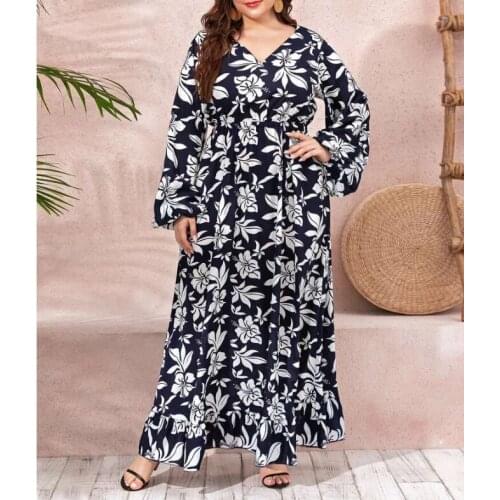 Muslim European and American Large Womens New Dress Printed V-neck Skirt