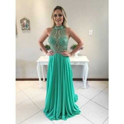 Elegant Beaded Mermaid Long High Neck Green Prom Dresses Sexy Open Back Robe De Soiree Floor Length Formal Party Dresses