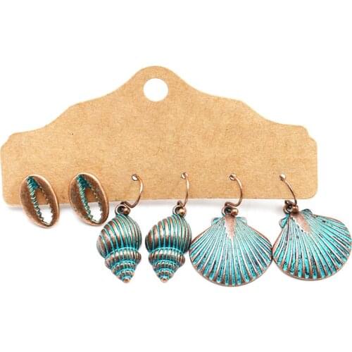 3Pairs Geometric Round Seashell Dangle Women Hoop Hook Earrings Party Jewelry Boho Ethnic Dangle Drop Earrings Jewelry