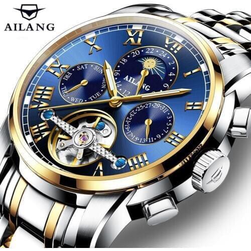AILANG Top Brand Mens Automatic Watch Stainless Steel Mechanical Wristwatch Man Business Fashion Moon Phase Relogio Masculino