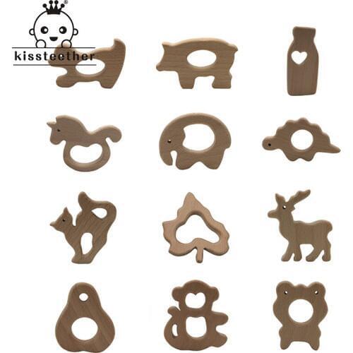 Wooden Teether Rings Natural Wood Teething Toys for Infant,Wooden Teether Animals for Toddler,Baby Soothing Pain Relief Toys