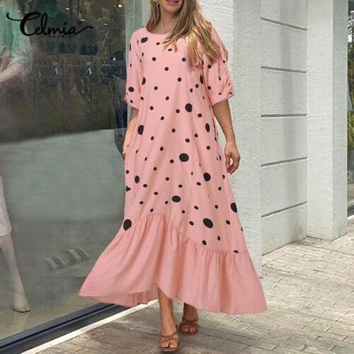 Celmia Elegant A-line Dress Women Lace Stitching Loose Patchwork Hem Vestidos O-neck Short Sleeve Dot Print Casual Maxi Robe