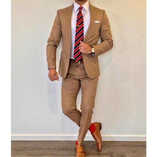 Hot Sale Brown WeddingTuxedos 2020 Notche Lapel Slim Fit Back Vent Groomsmen Mens Suits 2 Piece Suit(Jacket+Pants +Tie)