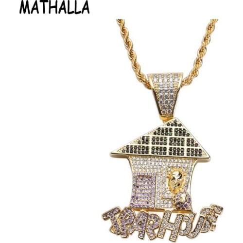 MATHALLA Color CZ Stone Trap House Letter Pendant With Rope Chain Tennis Chain Hip-Hop Jewelry Gifts for Men and Women