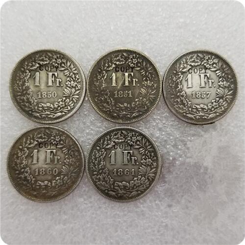 1850A,1851A,1857,1860B,1861B Switzerland 1 Francs COINS COPY