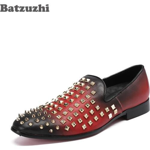 New Style Fashion Men Loafers Handmade Men Dress Shoes with Rivets Wine Red Party and Wedding Mens Flat Size US 6-12 Batzuzhi