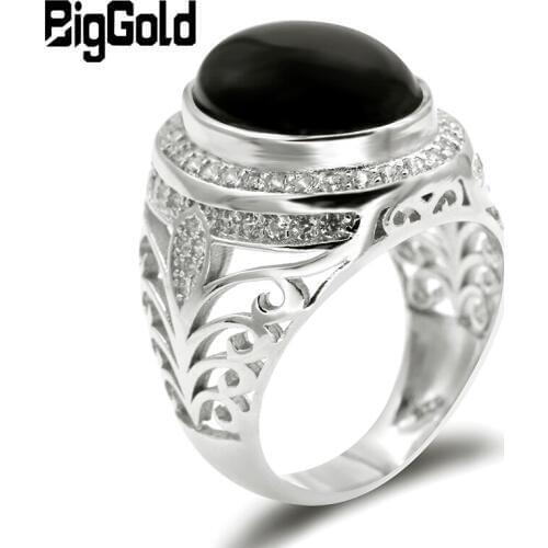 Black Agate Ring for Men 925 Sterling Silver Natural Stone with Clear Zircon Classic Rings Turkish Handmade Fashion Jewelry Gift