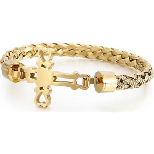 HAOLYNJOY Christian Cross Charm Prayer Bracelet Men Stainless Steel Gold Chain Bangle Praying Cruz Jewellry