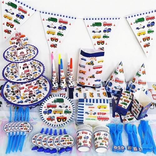 Construction Engineering Vehicle Cars Disposable Tableware Set Paper Plates Cup Banner Tablecloth For Kids Birthday Theme Party