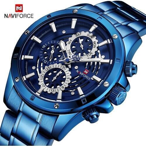 NAVIFORCE Top Luxury Brand Mens Watches Man Blue Stainless Steel Quartz Business Wristwatch 24 Hour Date Clock Relogio Masculino