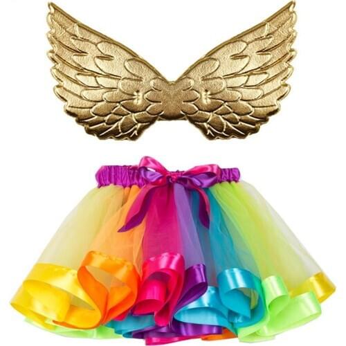 2019 New Kids Gold Wings Fluffy Rainbow Ribbon Adult Tulle Tutu Skirt Above Knee Length Princess Kids Girls Birthday Party Dress