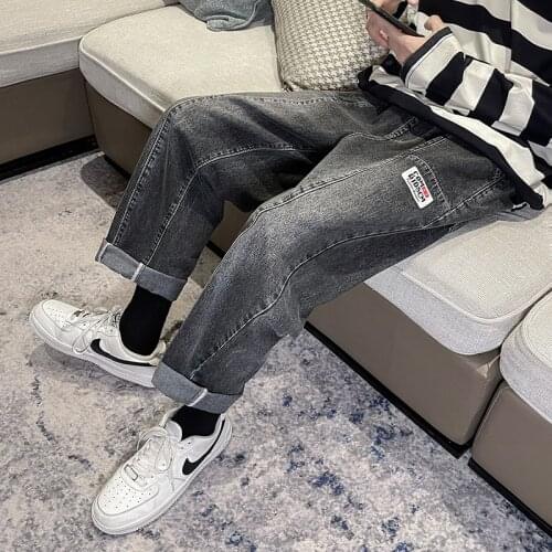 2021 Autumn New Korean Fashion Mens Baggy Jeans Streetwear Elastic Waist Straight Drawstring Wide Leg Pants Male Denim Trousers