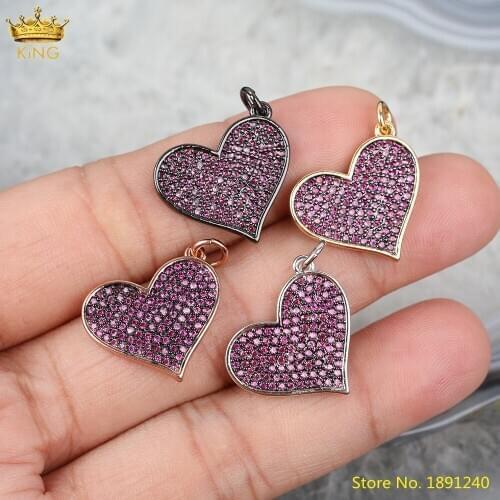 5pcs Purple Color Zirconia Micro Paved Heart Shape Pendant Findings,Silvery Rose Gold Gun Black CZ Charms For DIY Jewelry Making