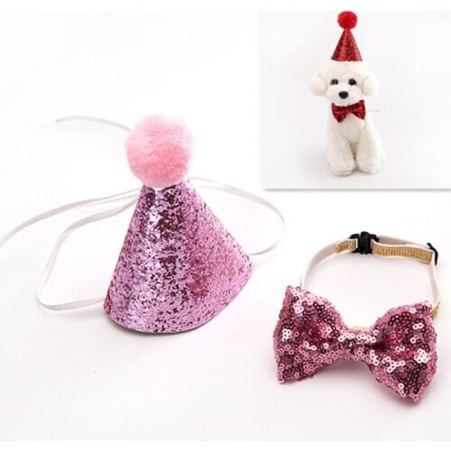 2Pcs/set Pet Dogs Caps With Bowknot Cat Dog Birthday Costume Sequin Design Headwear Cap Hat Christmas Party Pets Accessories