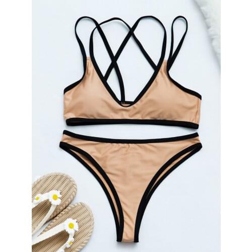 Sexy Bikini 2021 Mujer Women Solid High Cut Bandage Two Piece Swimsuit Bathers Bathing Suit Push Up Swimwear Traje De Bano