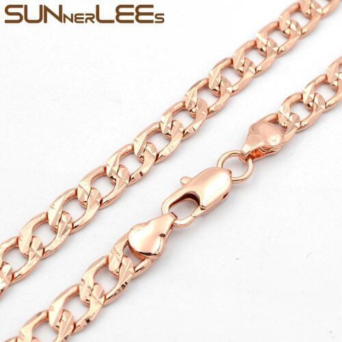 SUNNERLEES Fashion Jewelry Rose Gold Color Necklace 6mm X Pattern Curb Cuban Link Chain For Mens Womens Gift C66 N