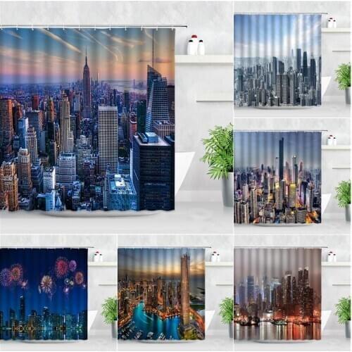 City Night Scenery Shower Curtains New York Style Building Fireworks Modern Natural Home Decor Screen Hooks Bathroom Curtain Set