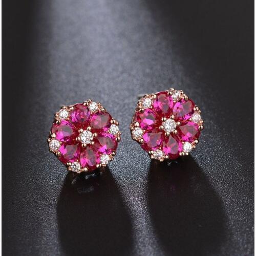 IDESTINY 11.11 Sale Flower Shaped Bridal Earrings Studs For Women Wedding with Red Corundum Stone Jewelry Earings Bijoux Gift