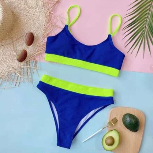 Women Sexy 2 Pieces Bikini Set Scoop Neck Ribbed Bra Micro Swimsuit High Waist Thong Solid Color Patchwork Bathing Suit