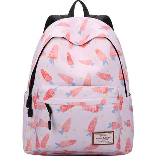 Carrot Printing Backpack Woman Large Capacity Travel Bagpack Water Resistant Kawaii School Bookbags Canvas Mochila Pink Knapsack